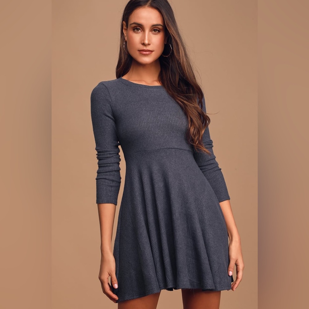 NWT Lulu’s Fit and Fair Denim Blue Ribbed Knit Long Sleeve Skater Dress - SMALL